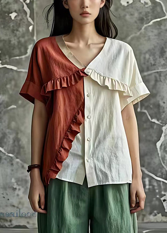 Natural White Ruffled Patchwork Linen Shirt Summer