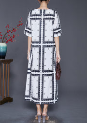 Natural White Square Collar Print Silk Maxi Dress Summer