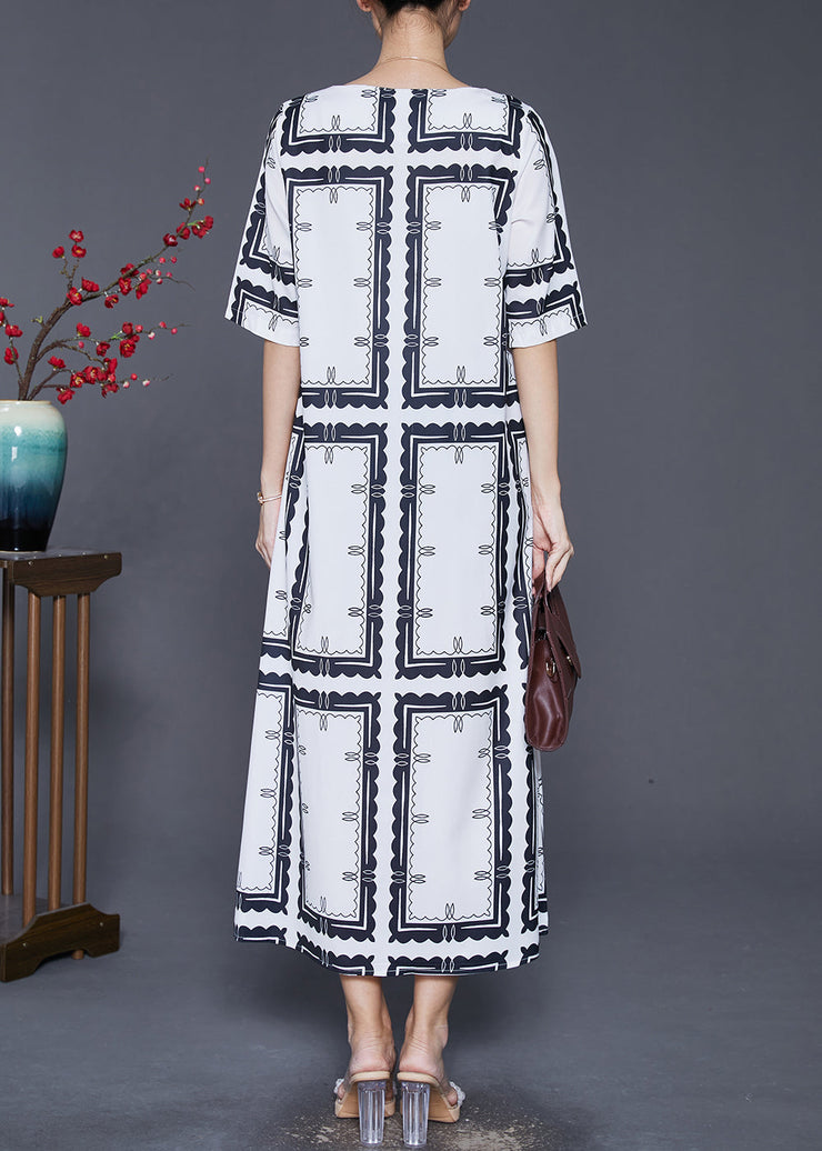 Natural White Square Collar Print Silk Maxi Dress Summer