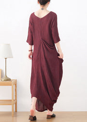 Natural Wine Red O-Neck Wrinkled Linen Long Dress Long Sleeve