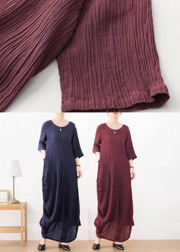 Natural Wine Red O-Neck Wrinkled Linen Long Dress Long Sleeve