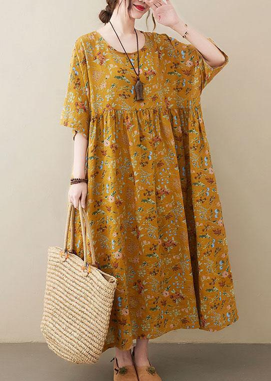 Natural Yellow O-Neck Pockets Print Summer Sundress - SooLinen