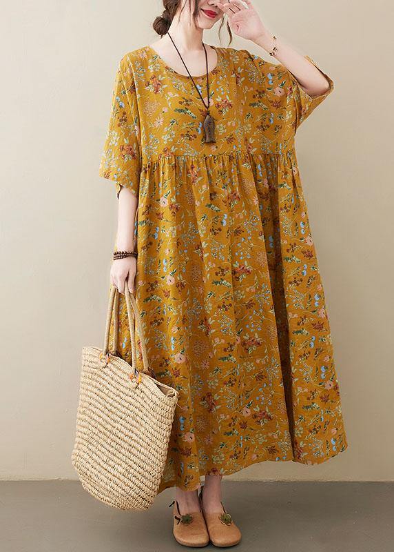 Natural Yellow O-Neck Pockets Print Summer Sundress - SooLinen