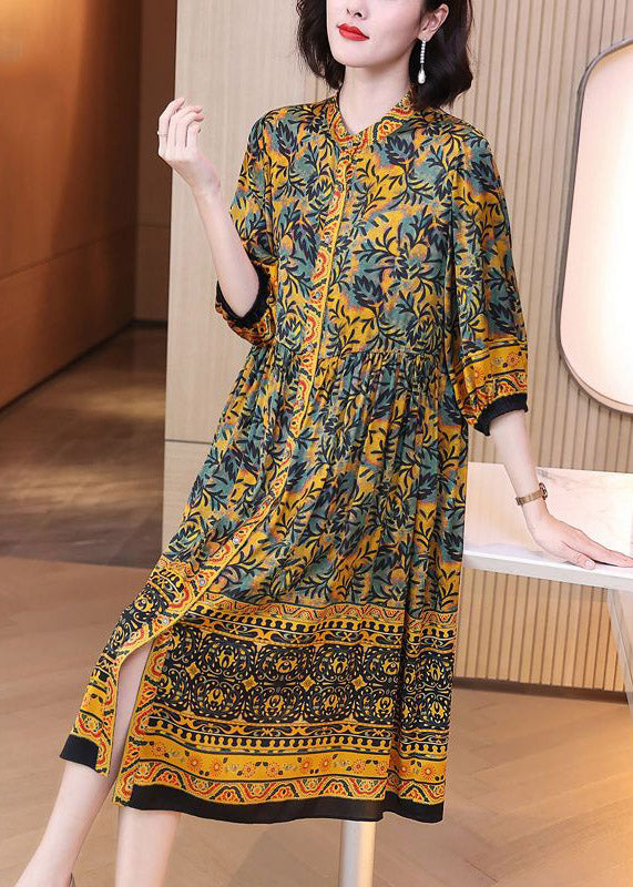 Natural Yellow Stand Collar Print Button Silk Maxi Shirts Dress Spring