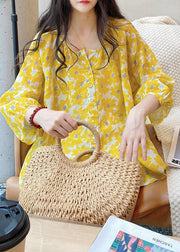 Natural Yellow V Neck Print Button Cotton Top Bracelet Sleeve