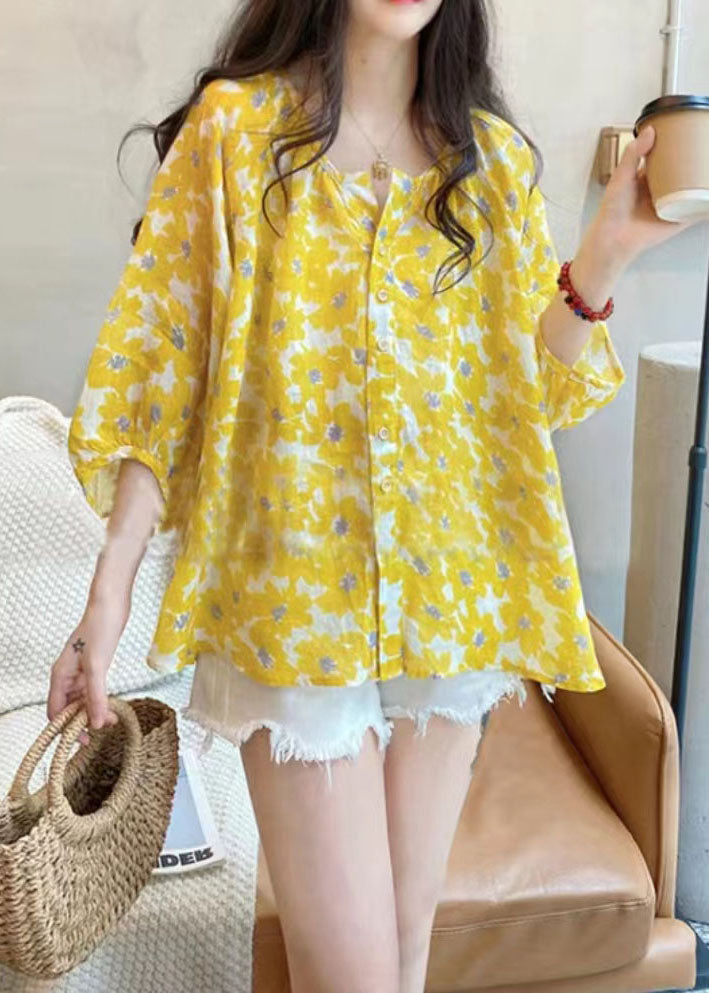 Natural Yellow V Neck Print Button Cotton Top Bracelet Sleeve