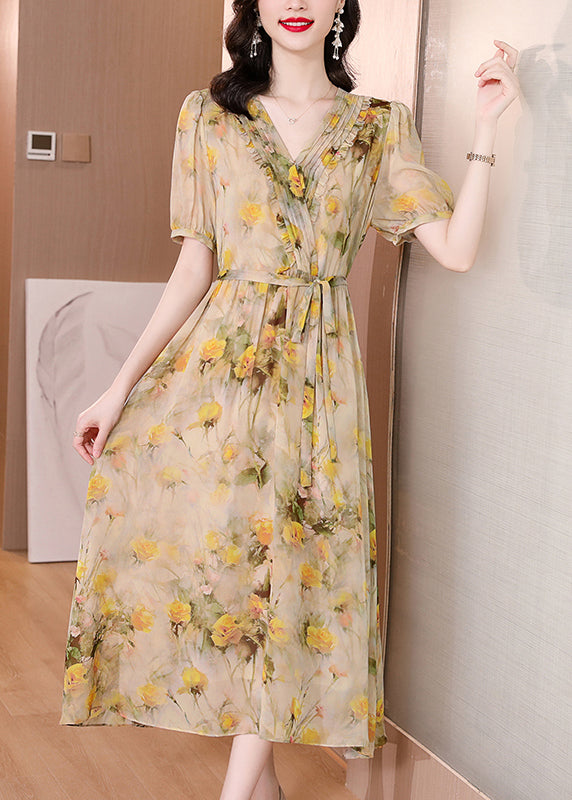 Natural Yellow V Neck Print Lace Up Silk Dress Summer