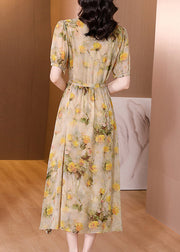 Natural Yellow V Neck Print Lace Up Silk Dress Summer