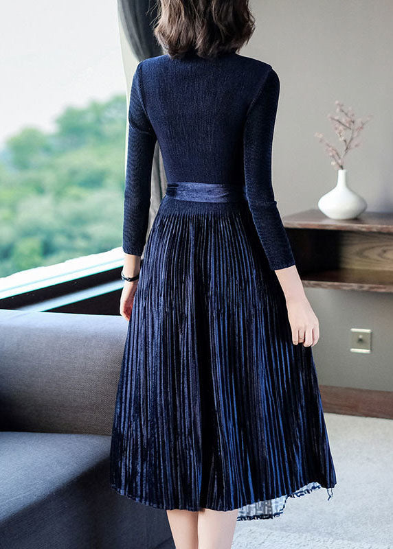 Navy Asymmetrical Design Silk Velour Long Dress Hollow Out Spring