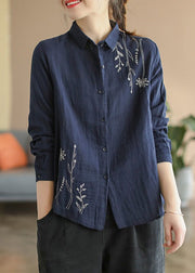 Navy Blue Embroideried Floral Cotton Shirt Spring