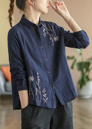 Navy Blue Embroideried Floral Cotton Shirt Spring