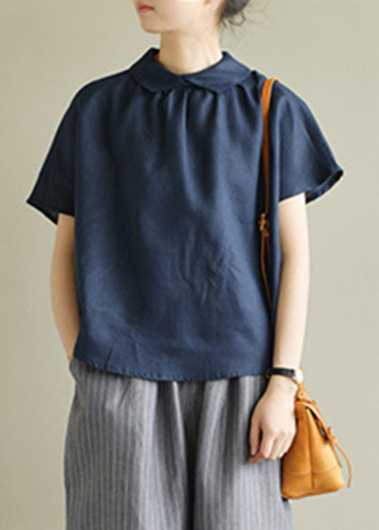 Navy Blue Patchwork Cozy Linen Top Short Sleeve