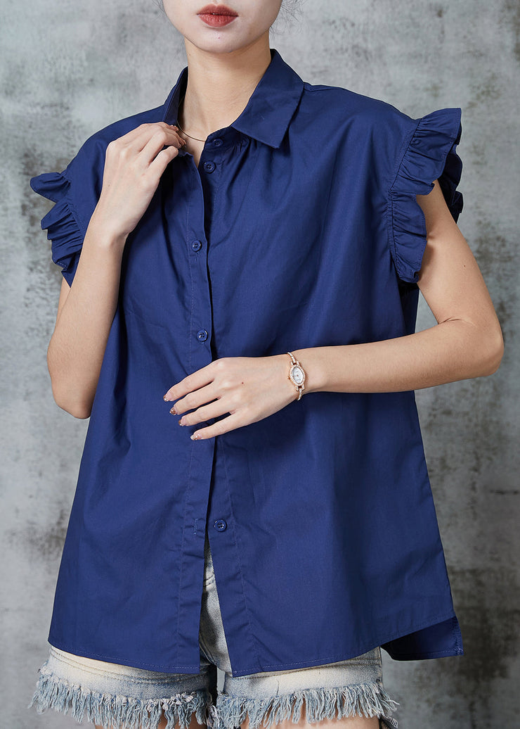 Navy Cotton Shirt Top Peter Pan Collar Petal Sleeve