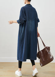 Navy Denim Trench Coats Oversized Pockets Fall