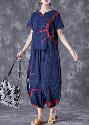 Navy Jacquard Cotton Two Piece Set Outfits Embroideried Summer