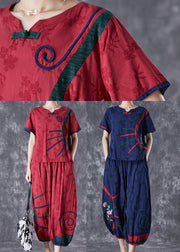 Navy Jacquard Cotton Two Piece Set Outfits Embroideried Summer