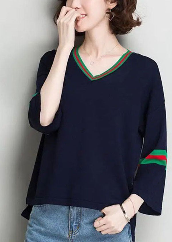 Navy Knit Pullover Tops Oversized Low High Design Bracelet Sleeve