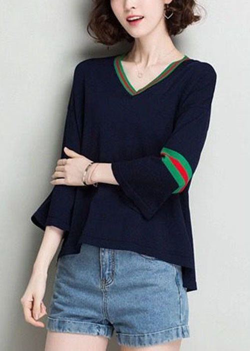 Navy Knit Pullover Tops Oversized Low High Design Bracelet Sleeve