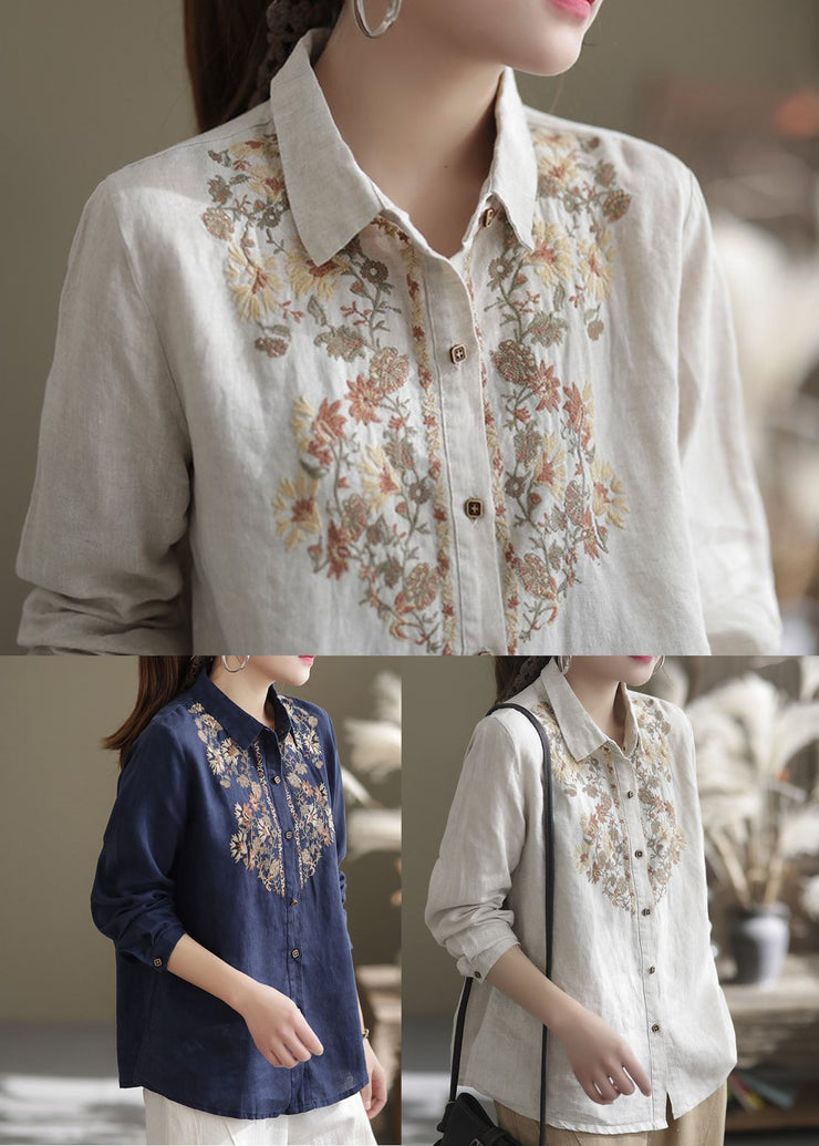 Navy Linen Shirt Top Turn-down Collar Embroideried Spring