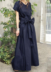 Navy Patchwork Cotton Long Dresses V Neck Wrinkled Summer