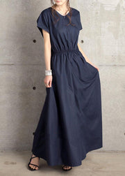 Navy Patchwork Cotton Long Dresses V Neck Wrinkled Summer