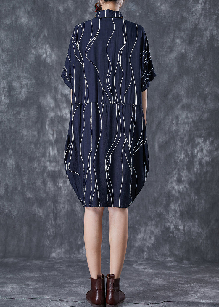 Navy Patchwork Cotton Shirt Dress Oversized Striped Summer