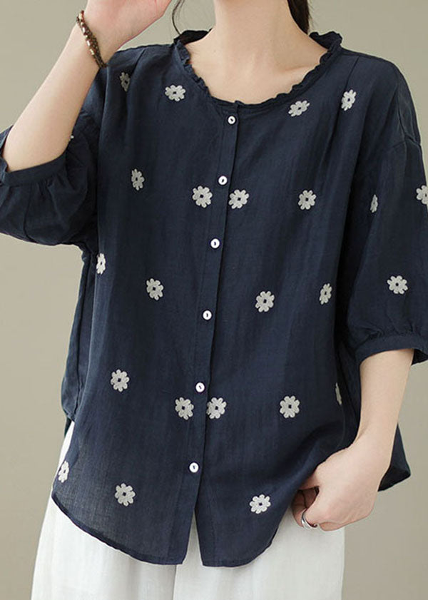 Navy Patchwork Linen Blouses Embroideried Ruffled Summer