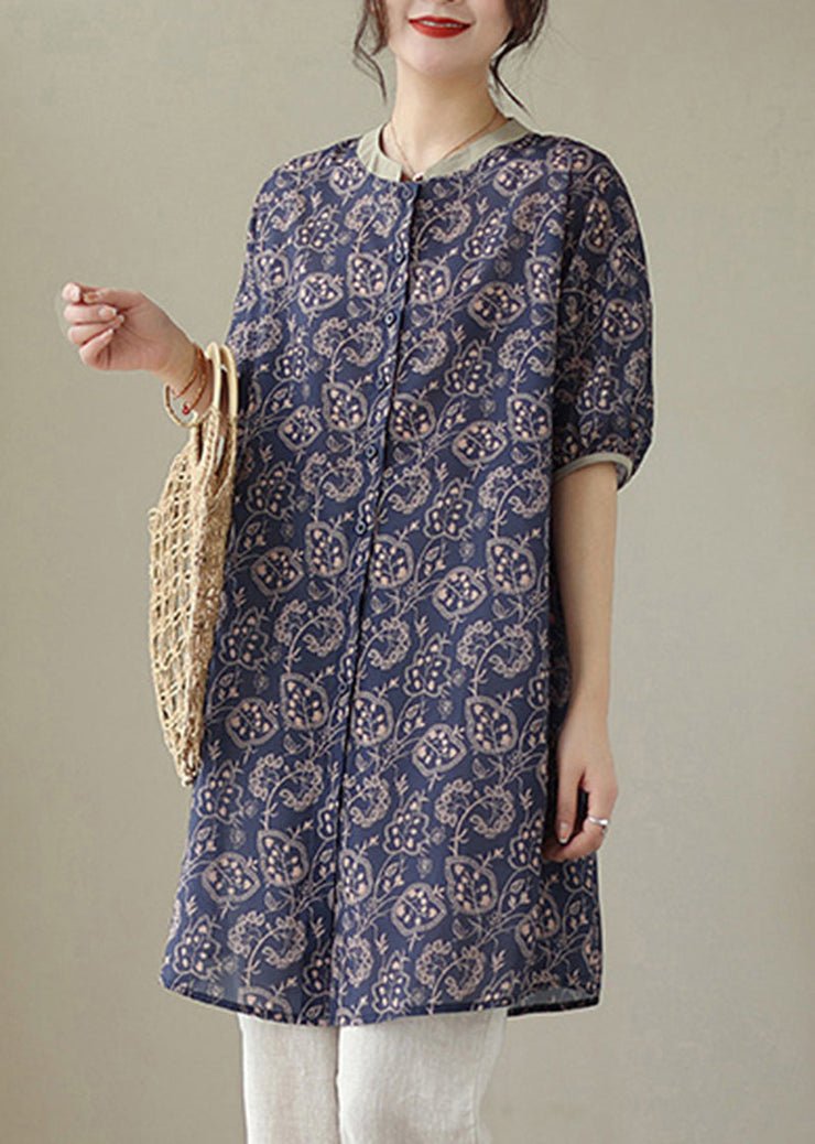 Navy Patchwork Linen Shirt Dress Oversized Print Summer