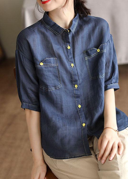 Navy Patchwork Linen Shirt Peter Pan Collar Half Sleeve