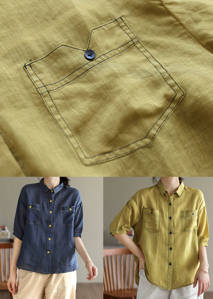 Navy Patchwork Linen Shirt Peter Pan Collar Half Sleeve