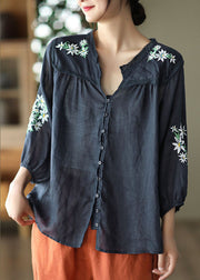 Navy Patchwork Linen Shirts Embroideried Button Bracelet Sleeve