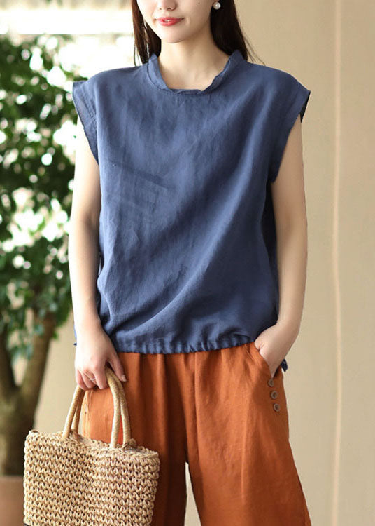 Navy Patchwork Linen T Shirt O Neck Drawstring Sleeveless