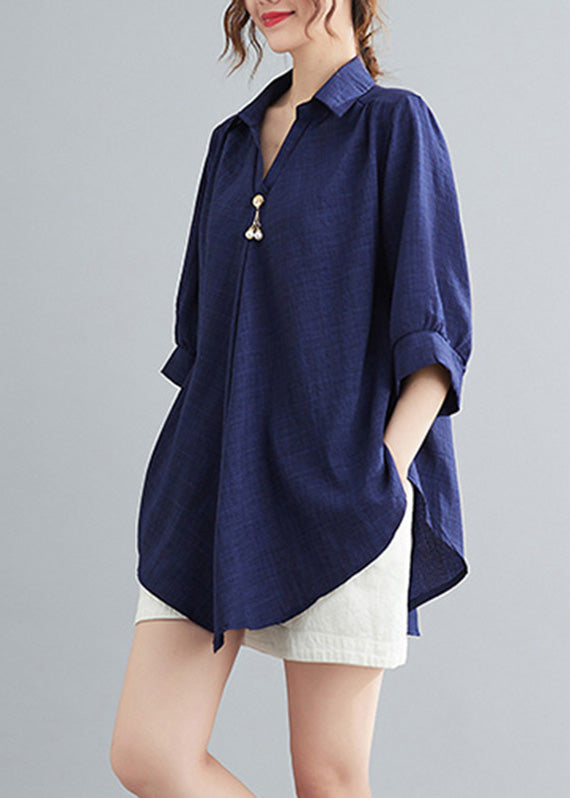 Navy Patchwork Solid Linen Shirt Half Sleeve