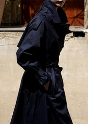 Navy Peter Pan Collar Tie Waist Cotton Trench Coats Long Sleeve