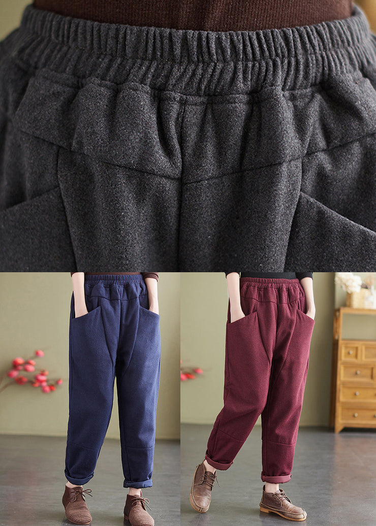 Navy Pockets Patchwork Fine Cotton Filled Pants Elastic Waist Winter