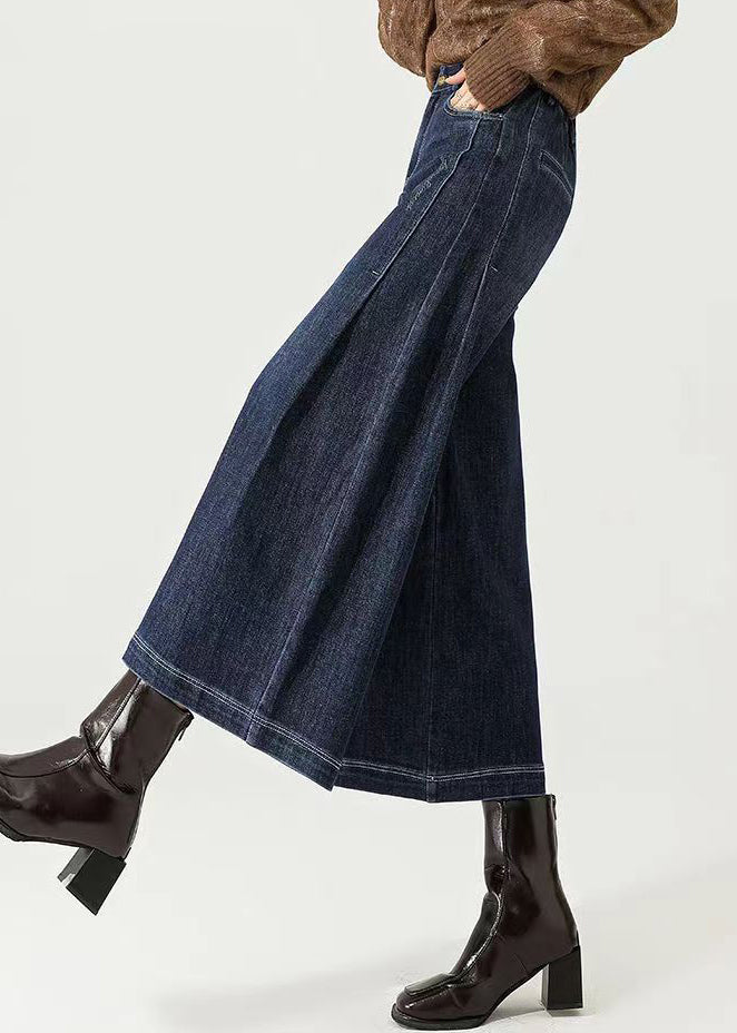 Navy Pockets Versatile Denim Wide Leg Pants High Waist Spring