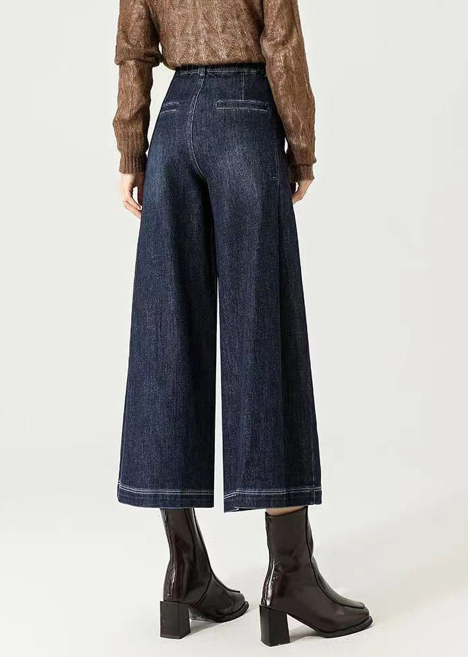 Navy Pockets Versatile Denim Wide Leg Pants High Waist Spring