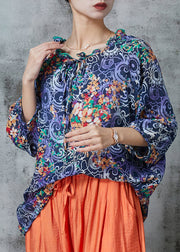 Navy Print Linen Shirts Ruffled Oversized Summer