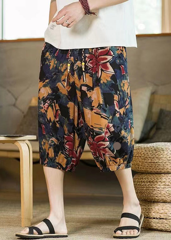 Navy Print Pockets Cotton Men Crop Pants Elastic Waist Summer