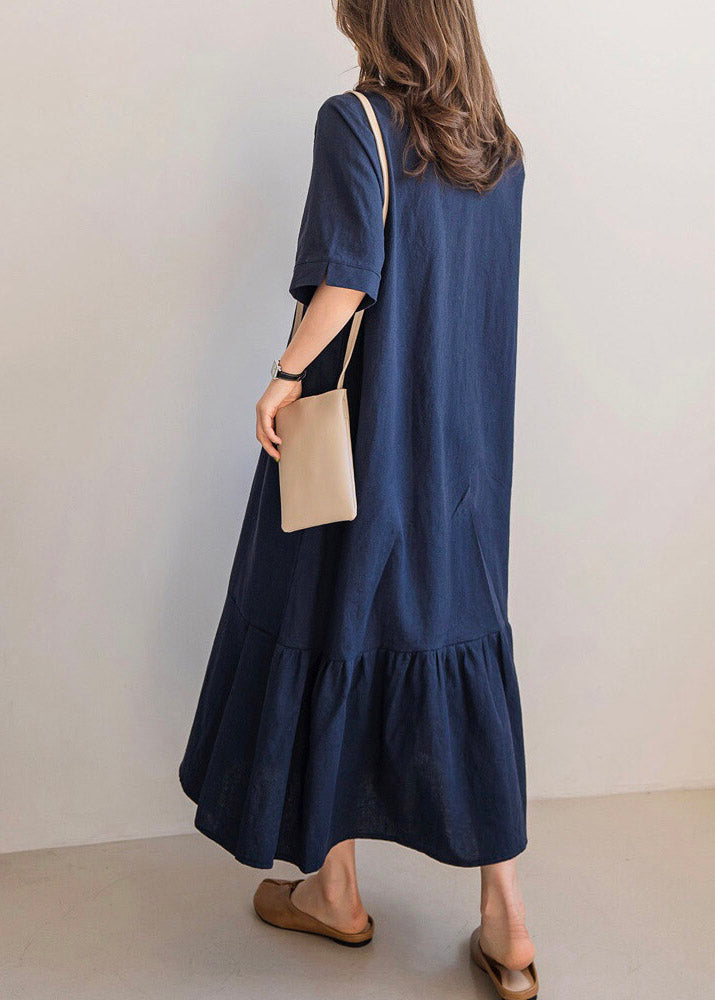 Navy Side Open Solid Long Dresses Short Sleeve