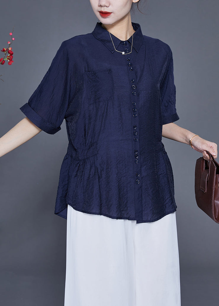 Navy Slim Fit Silk Blouse Tops Peter Pan Collar Wrinkled Summer