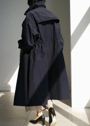 Navy Stand Collar Zippered Trench Coats Long Sleeve