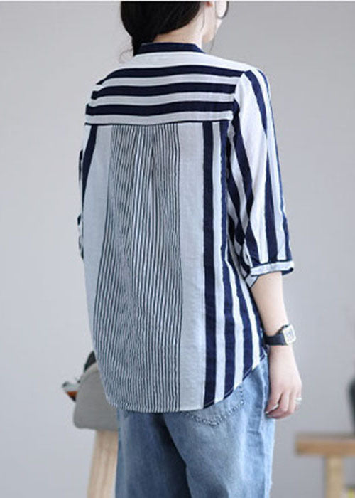 Navy Striped Cotton Shirt Tops Stand Collar Bracelet Sleeve