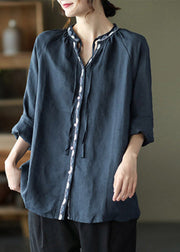 Navy V Neck Button Linen Shirt Long Sleeve