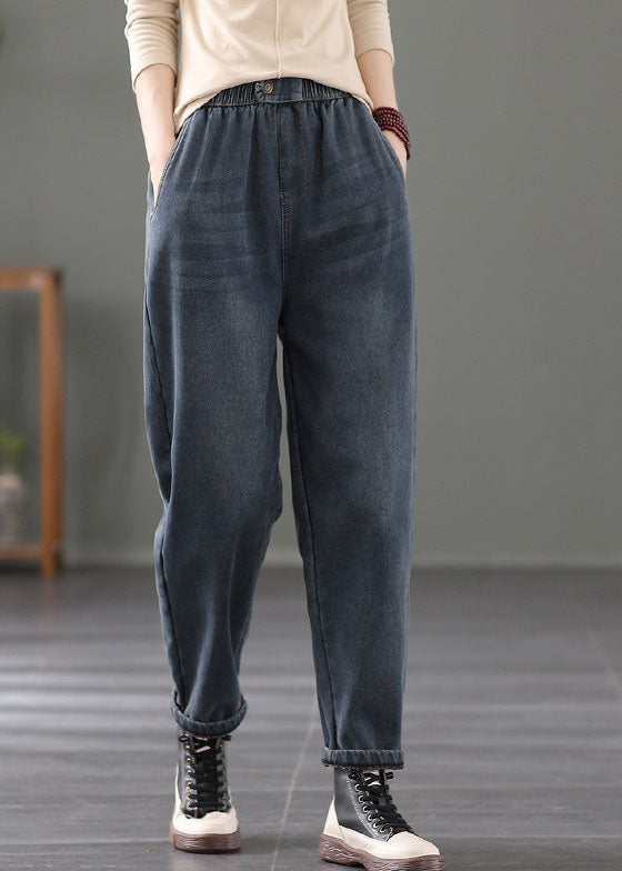 Navy Warm Fleece Denim Harem Pants Elastic Waist Spring