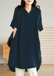 Jade Blue flower Linen Women Casual Linen Shirt Dress