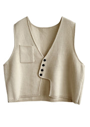 New Apricot Asymmetrical Button Patchwork Cotton Knit Waistcoat Sleeveless