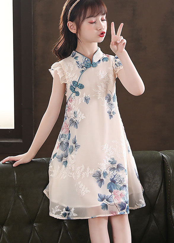 New Apricot Ruffled Print Chinese Button Patchwork Chiffon Baby Girls Dresses Summer