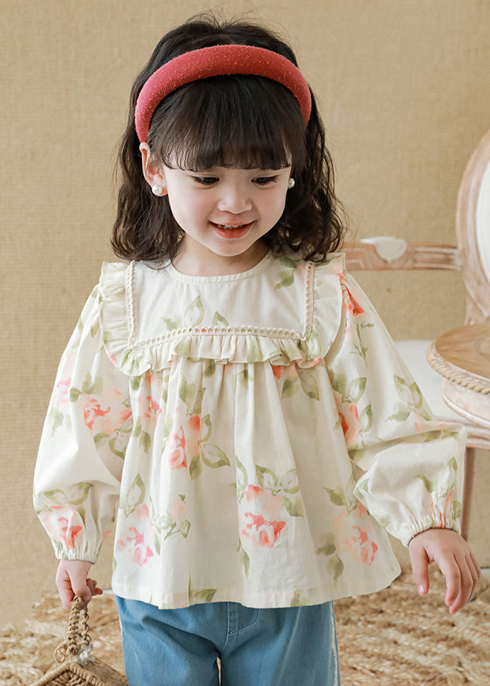 New Apricot Ruffled Print Cotton Girls Top Long Sleeve