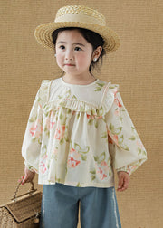 New Apricot Ruffled Print Cotton Girls Top Long Sleeve